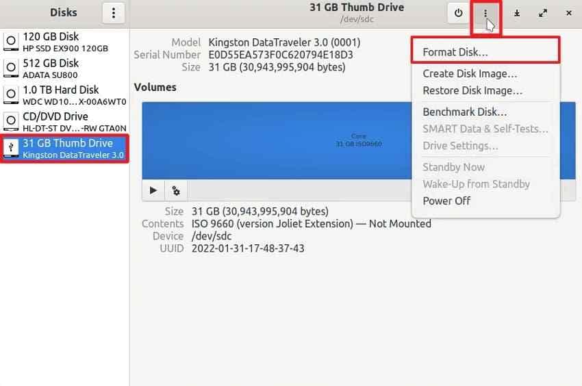 access format option gnome disks