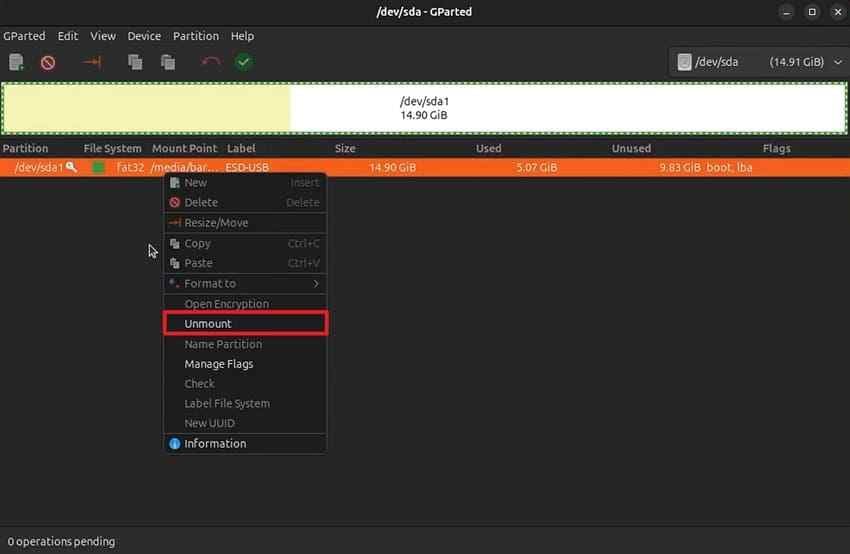 unmount sd card gparted