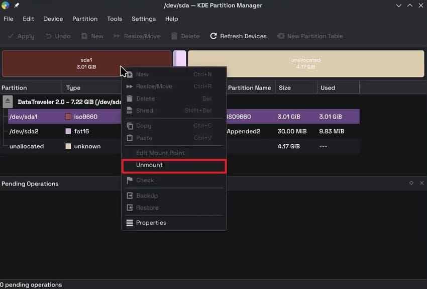unmounting sd card kde partition