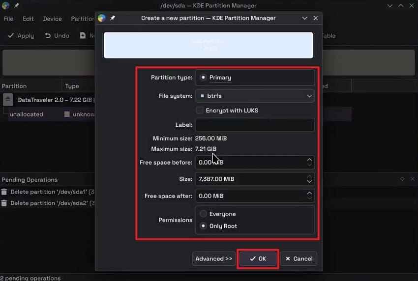 create new partition after deleting