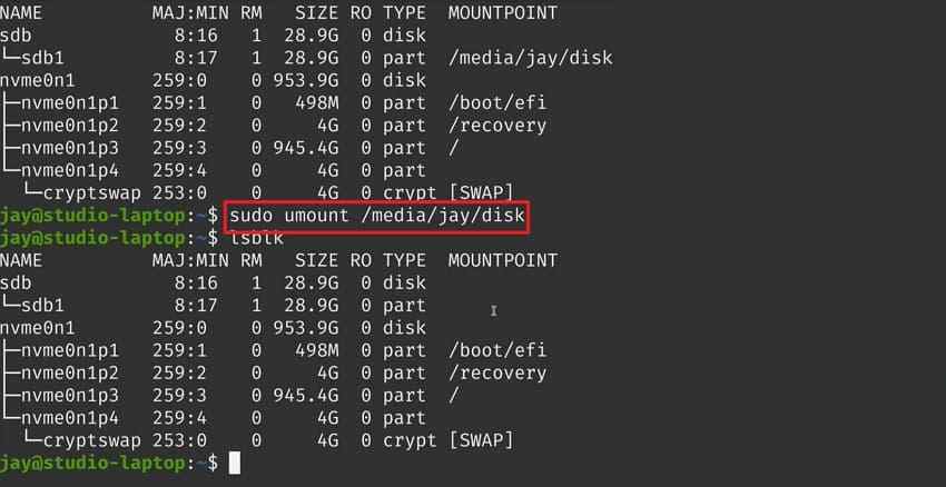 unmount sd card linux command