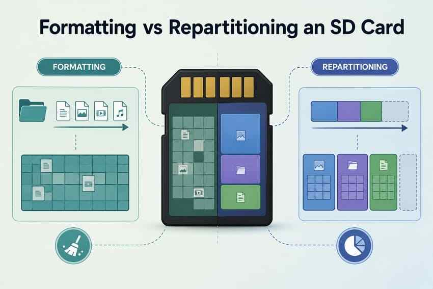 difference between formatting repartitioning sd card