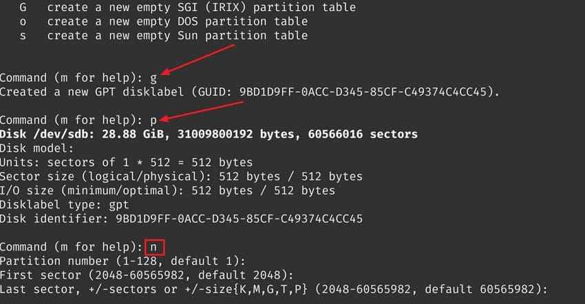 confirm final partition creation terminal