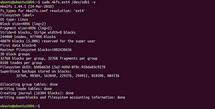 using mkfs command terminal