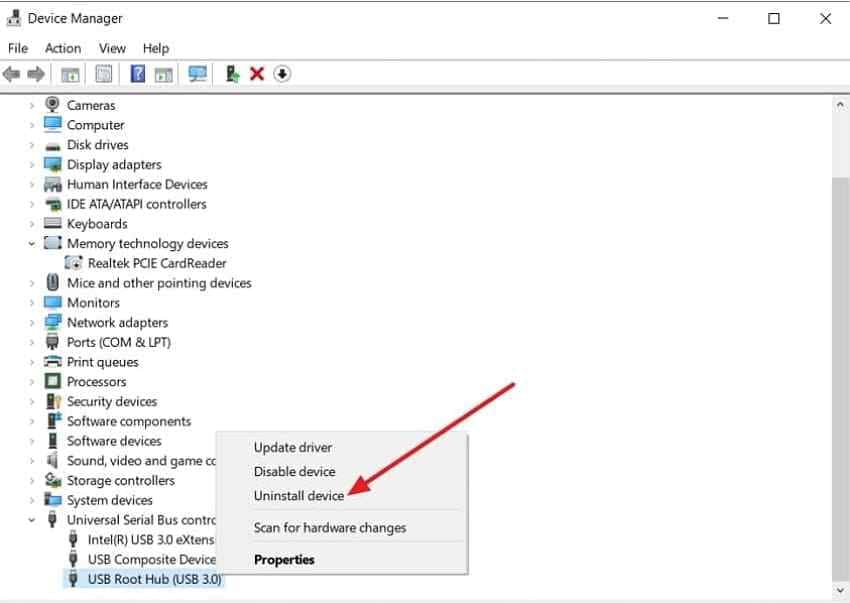 uninstall usb root hub