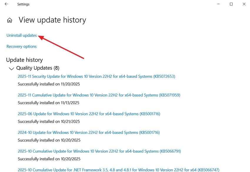 open uninstall windows update section