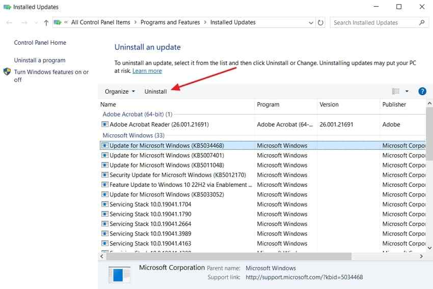 uninstall recent windows update