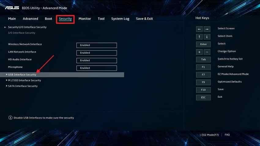 access bios usb security settings
