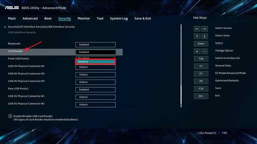 enable card reader in bios