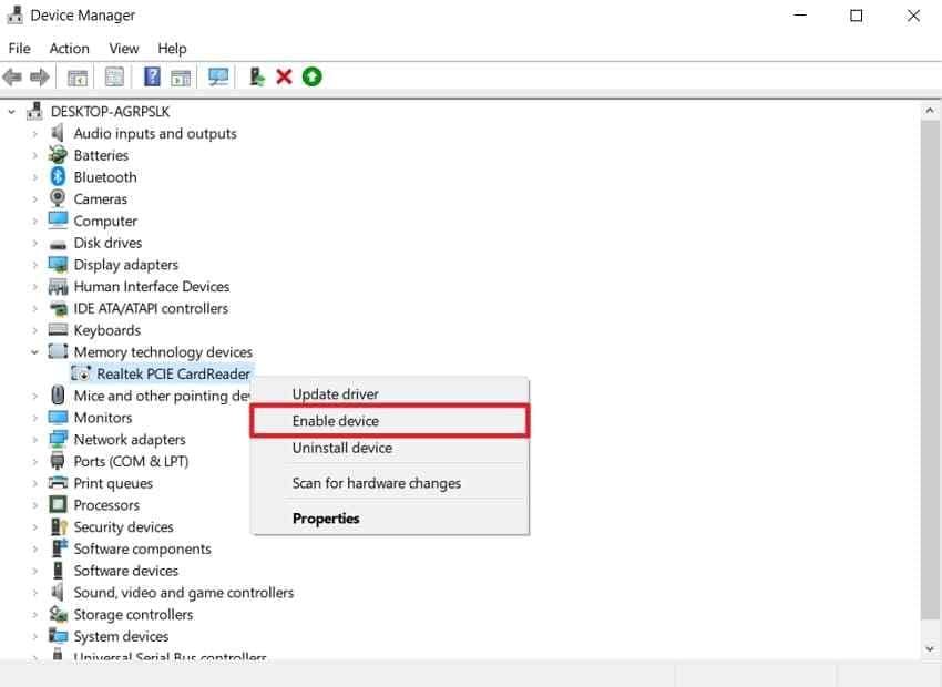 enable card reader driver
