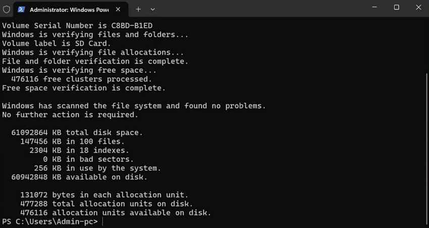 run chkdsk to repair sd card file system