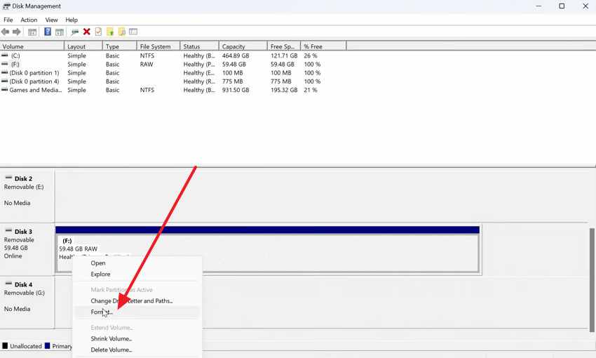 format sd card in disk management
