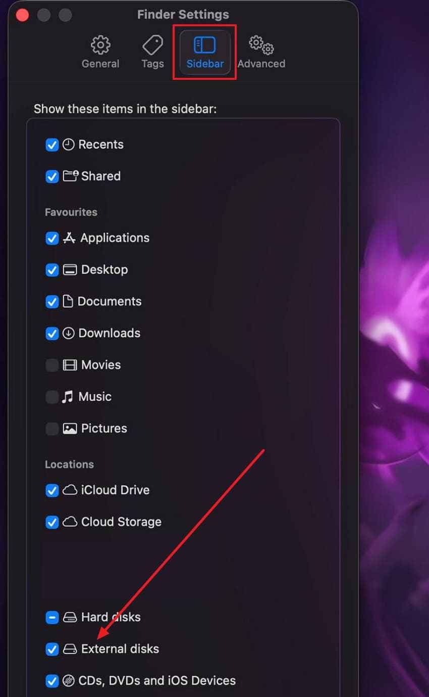 show external disks in finder settings