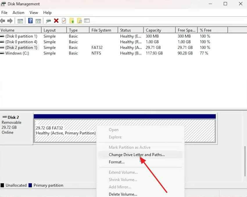 change sd card drive letter in disk management