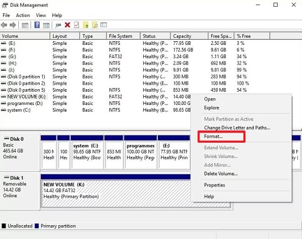 format card via disk management