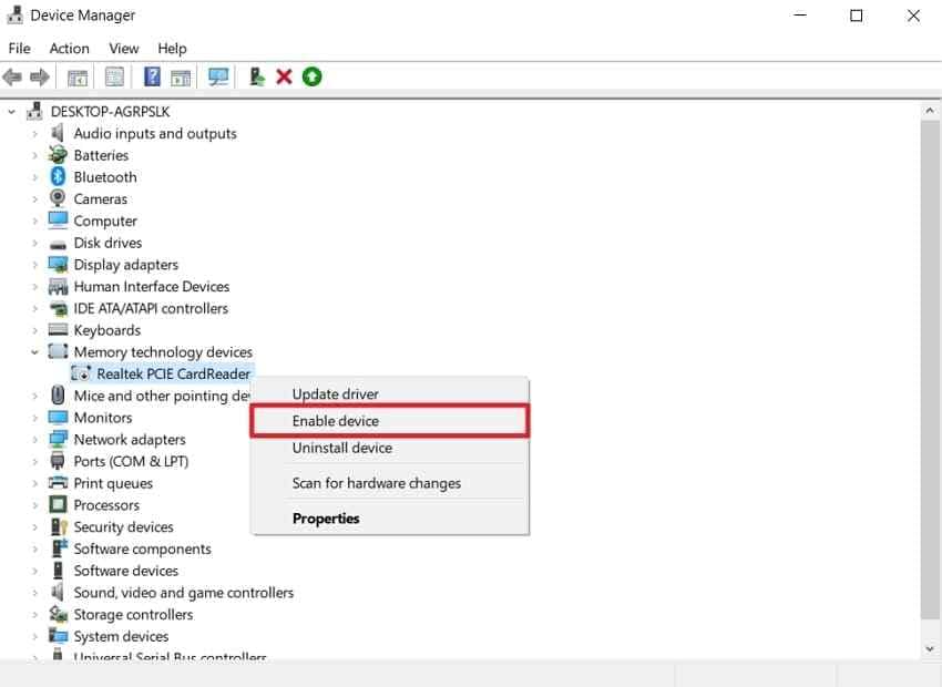enable sd card reader in device manager