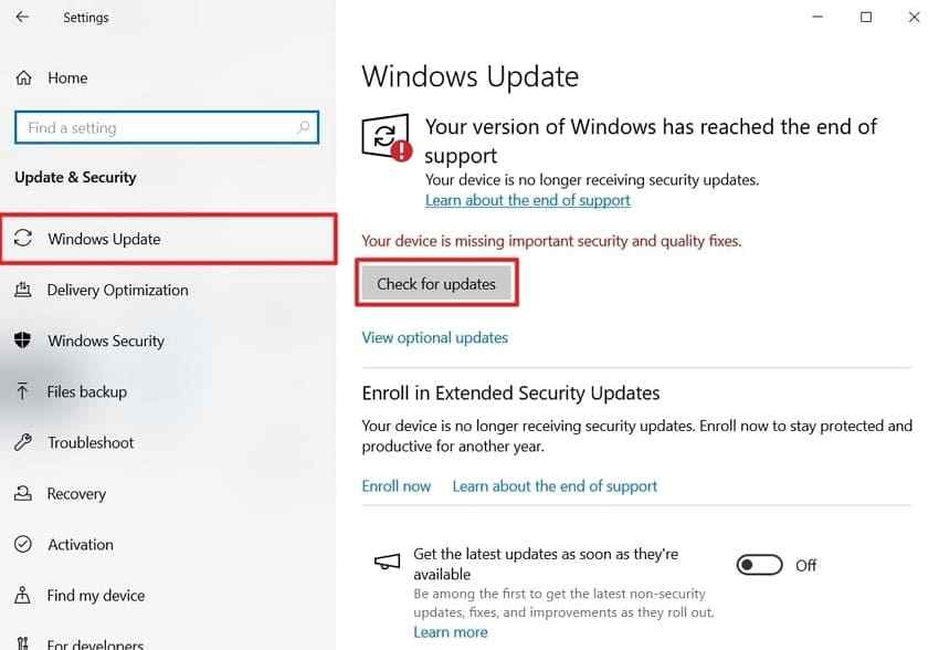 check windows 10 updates
