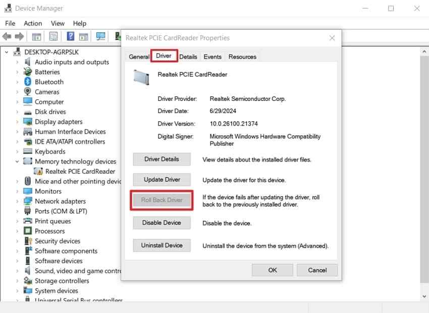 roll back sd card reader driver