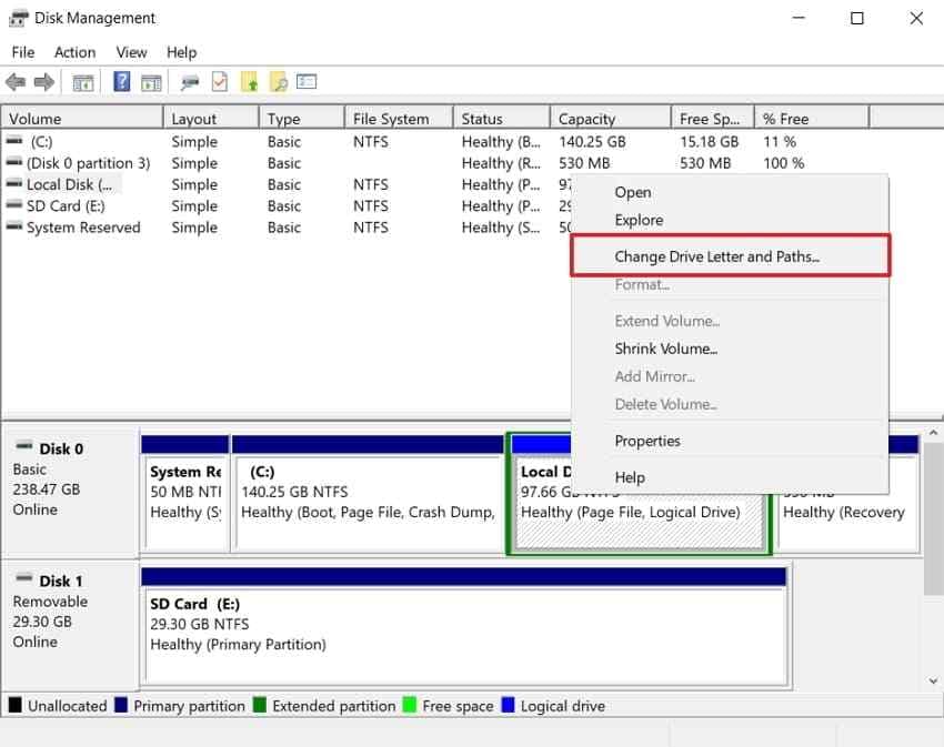 assign sd card new drive letter