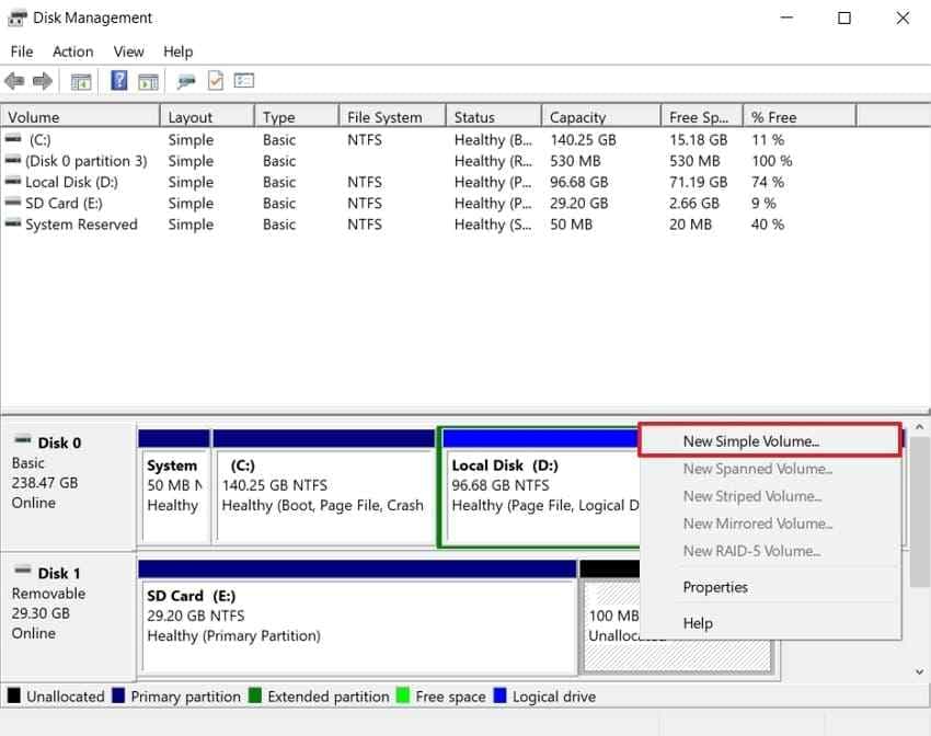 create new simple volume for sd card