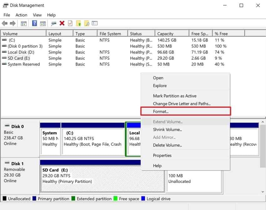 format sd card in disk management