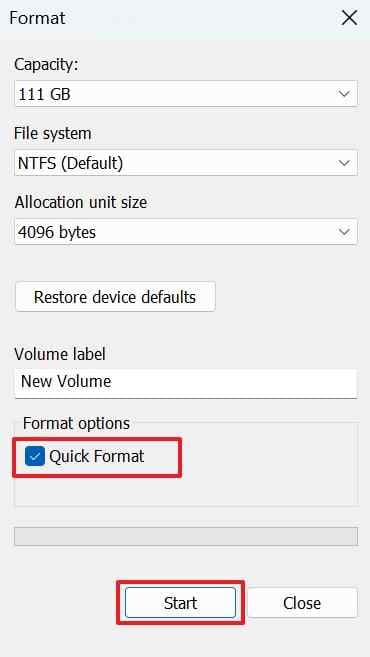 start quick sd card format