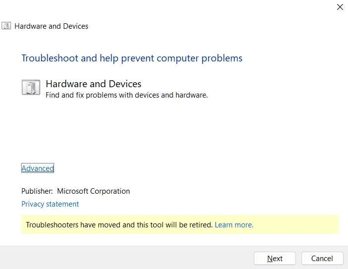 hardware device troubleshooter 