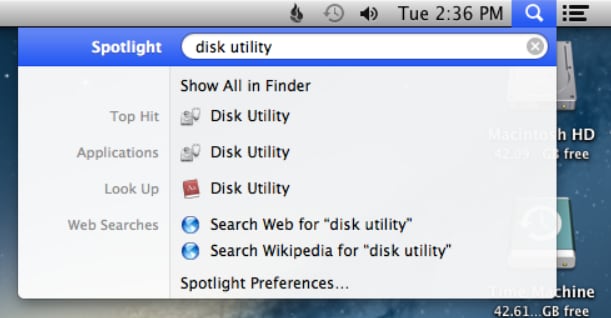 disk utility in spotlight search