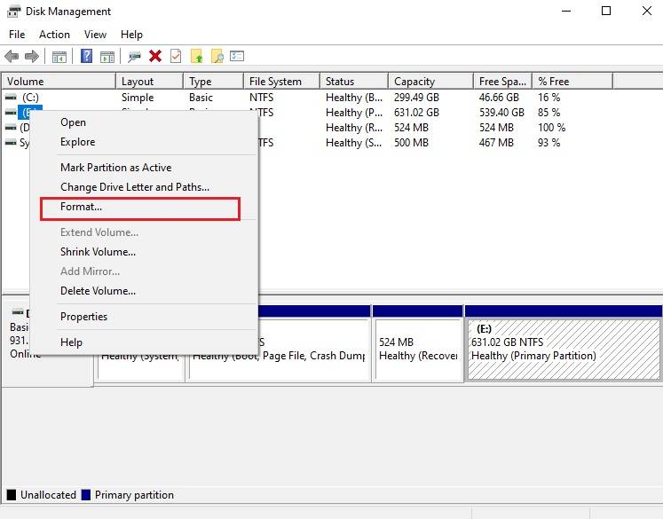 format drive option in disk management