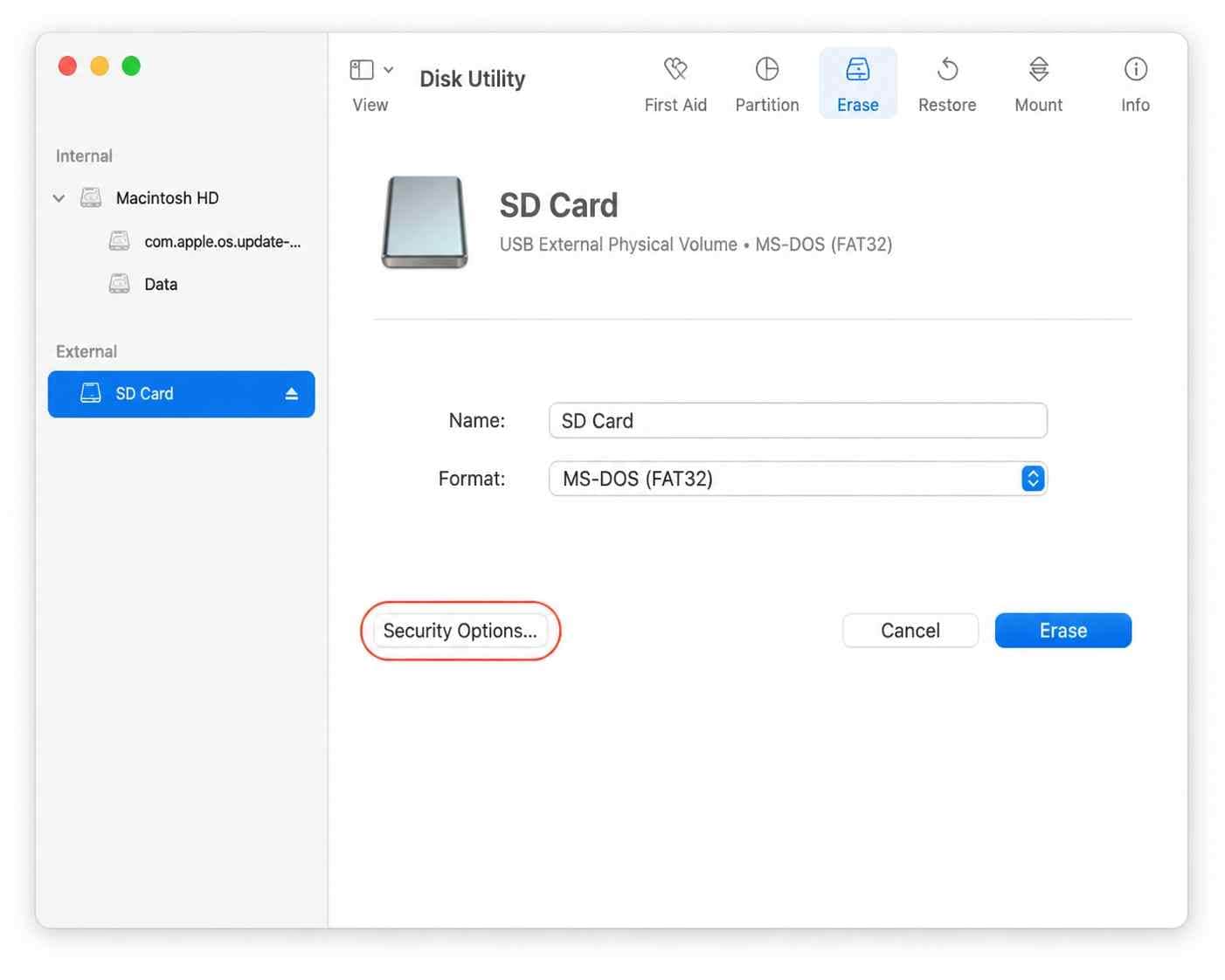 mac disk utility sidebar with sd card selected