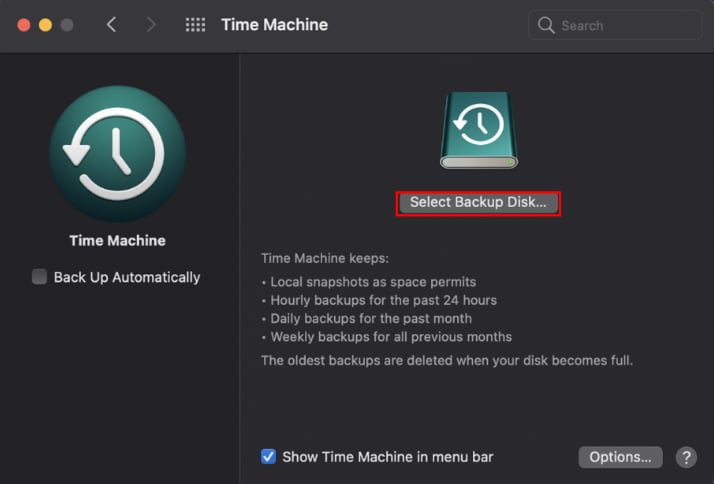 selecione o backup de disco do time machine