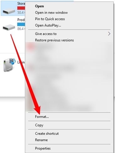 selecting the format option from the drive menu