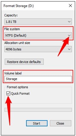 selecting the quick format option from the format storage menu