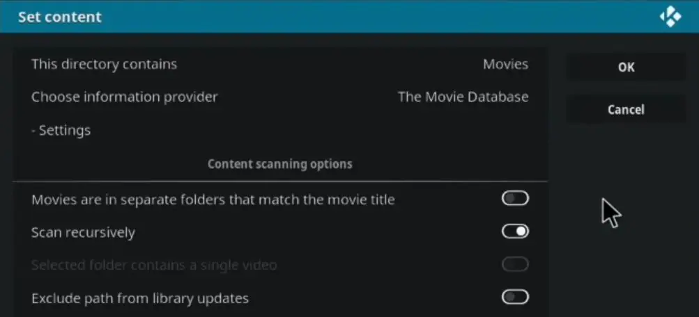 การเลือกเนื้อหาโฟลเดอร์ใน Kodi Synology