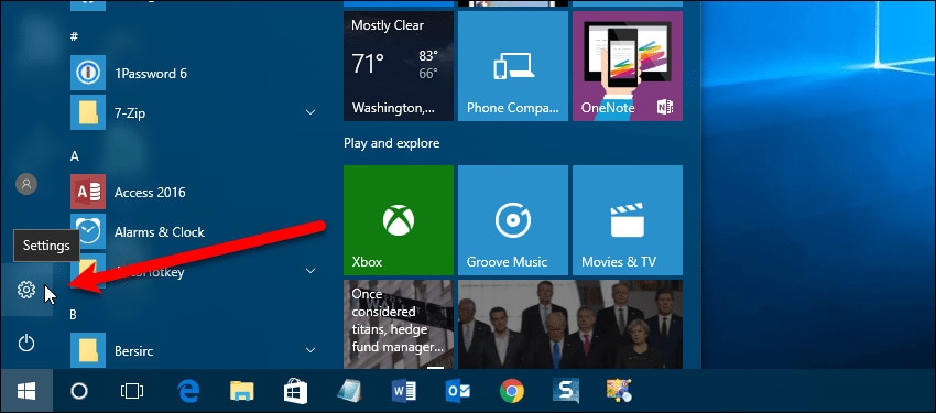 open settings on the start menu