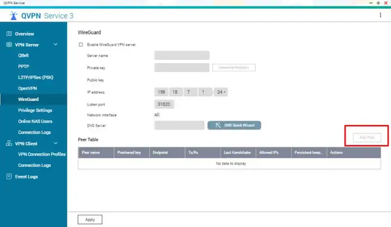 qnap wireguard VPN peer settings