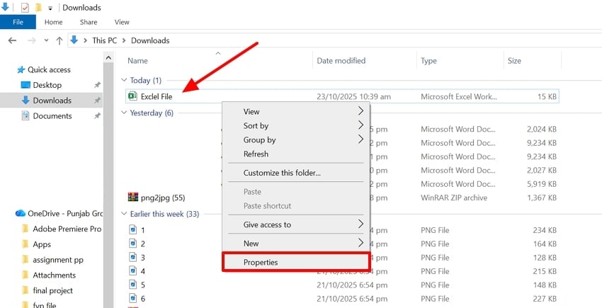 access properties option file explorer