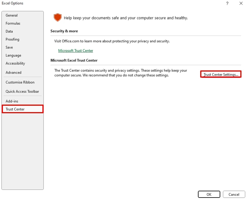 click the trust centre settings