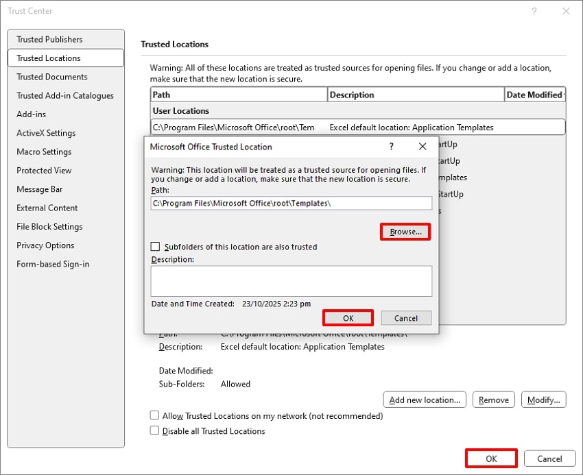 confirm trusted location excel