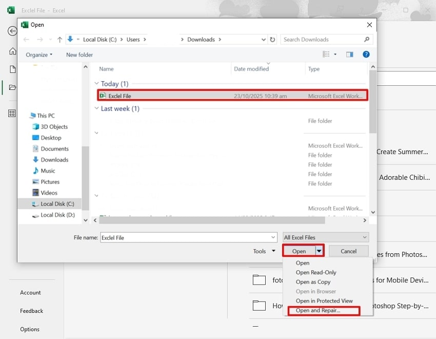 click open and repair option