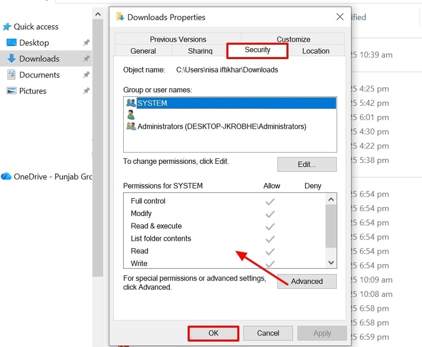 determine file permission security tab