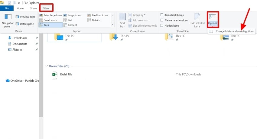 open folder search options