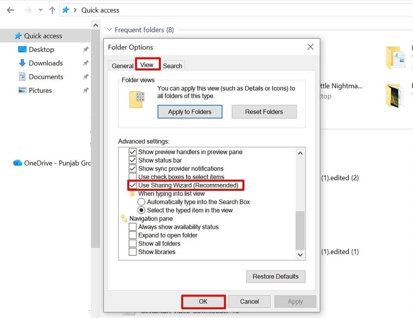 access sharing wizard folder option