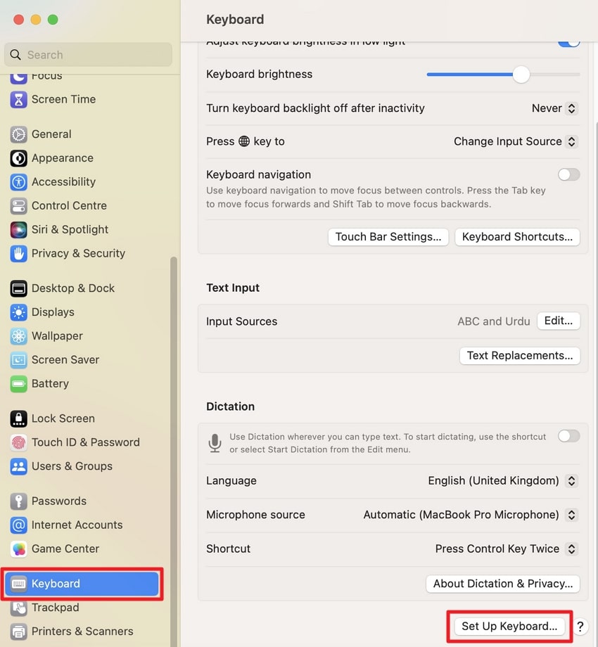 access set up keyboard settings