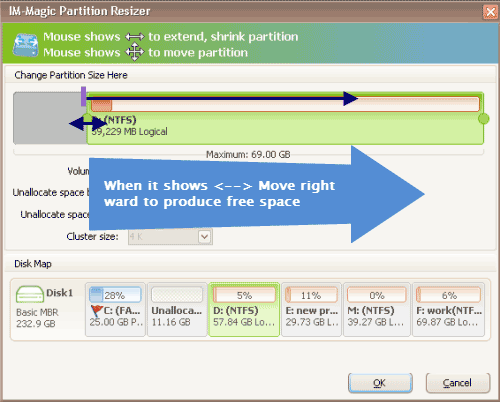 move arrows to squeeze free disk space