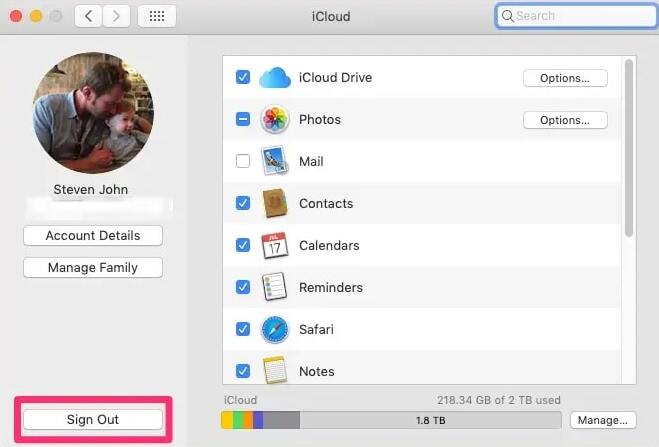 sign out icloud for earlier macos
