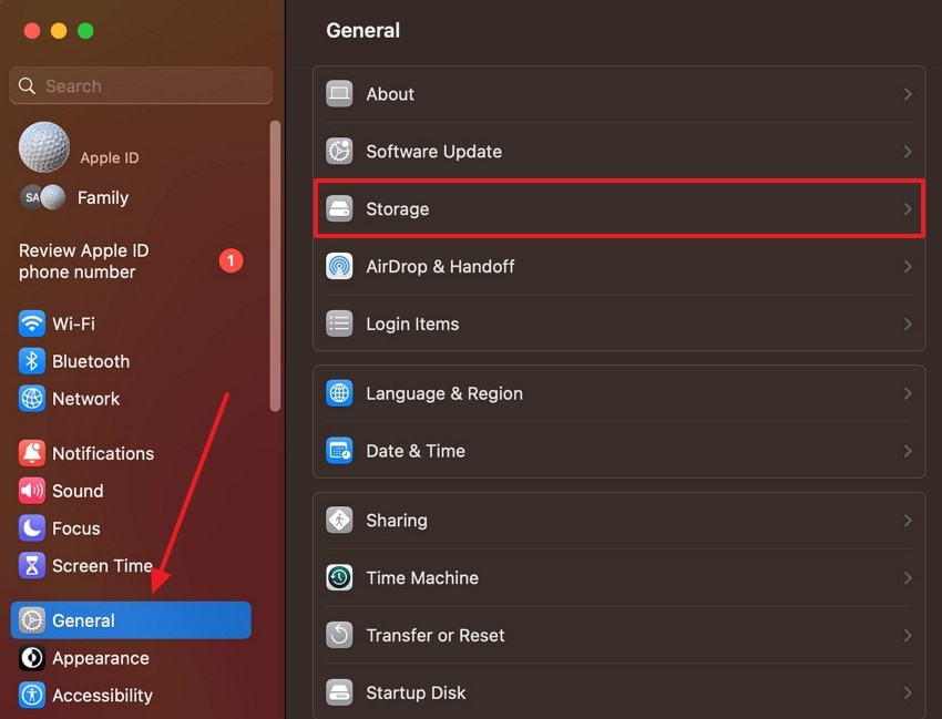 locate general tab select storage