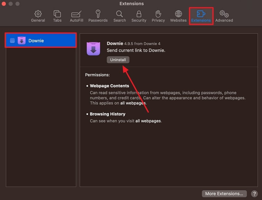 uninstall extension mac