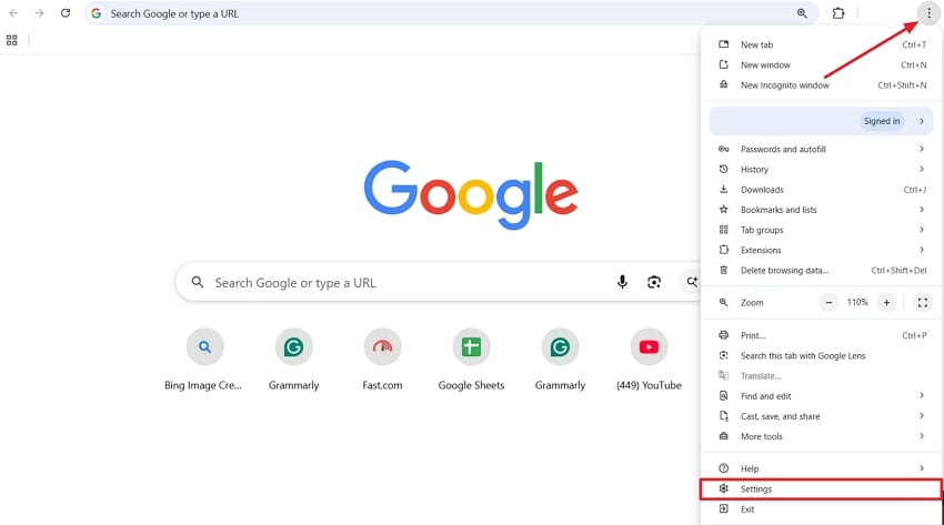 access google chrome settings