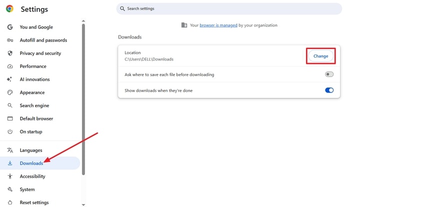 change download folder location